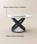 Modern 51 Inch Round Dining Table Slick Glossy White Sintered Stone Top Built Tough Black X Carbon Steel Base Lazy Susan close-up.