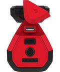 M12 Rover Service Repair Flood Light With USB Charging Battery Powered Water Resistant Jobsite Ready Red And Black Work Light For Mechanics And Techs Beast Mode Ready Durable Modern Style, close-up of USB port and controls on red and black casing.