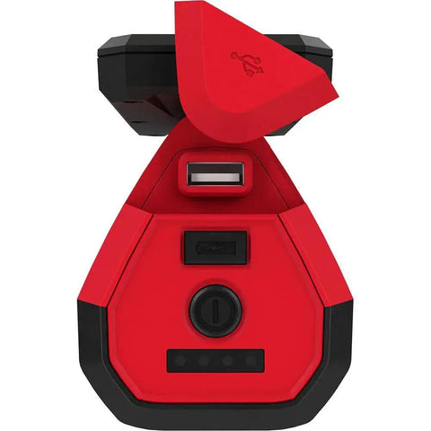 M12 Rover Service Repair Flood Light With USB Charging Battery Powered Water Resistant Jobsite Ready Red And Black Work Light For Mechanics And Techs Beast Mode Ready Durable Modern Style, close-up of USB port and controls on red and black casing.