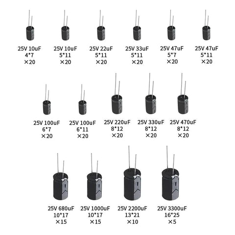 Massive 265 Piece 25V Aluminum Electrolytic Capacitor Kit With 15 Values From 10uF To 3300uF For Electronics Projects display