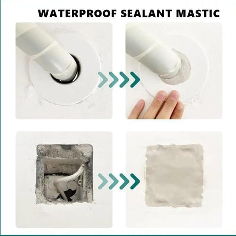 Waterproof Sealant Mastic For Wall Holes And Cracks, No Mess Quick Mending Sealing Clay To Patch Drains And AC Holes, Cement Crack Filler That Sticks Smooth, 4 Pack shown sealing pipe entry point and open wall space.