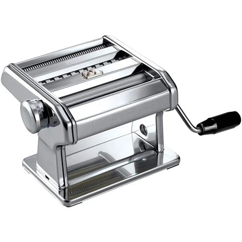 Level Up Your Kitchen Game With This No Sweat Hand Cranked Noodle Maker And Multi Function Dough Roller Press crafted from stainless steel.