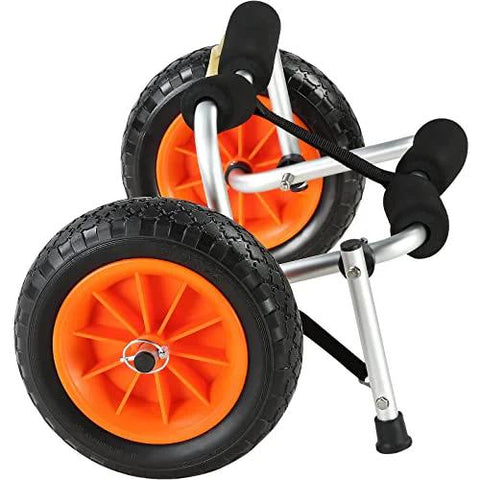 Foldable Aluminum Kayak Cart With 250 Lb Load Capacity And 10 Inch Solid Wheel Dolly, side view of orange and black tires