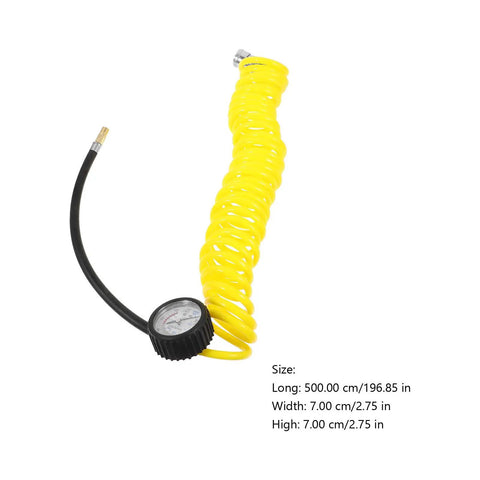 Top Tier Yellow PU Coil Air Hose With Quick Lock Connector For Air Compressor And Pneumatic Tools showing 5m coil and pressure gauge.