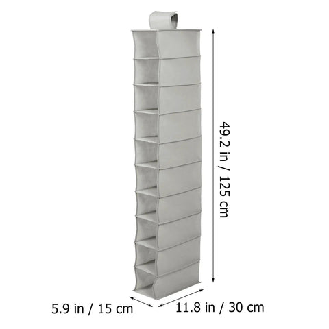 Hella Handy 10 Layer Hanging Shoe Rack Saves Gobs Of Space Perfect For Boots Sneakers Hats And Bags With An Easy Fold Up Design showing dimensions.