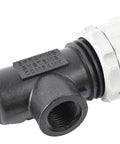 TeeJet manual pressure relief/regulating valve, black plastic body with white adjustment knob; Spraying Systems logo