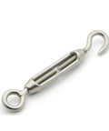Premium 304 Stainless Steel Turnbuckle Wire Rope Tensioner With Eye Screw Hook Rigging Hardware Works Like A Charm For Clothesline Projects And Provides Rock Solid Adjustment In M4 M5 M6 M8 showing eye screw hook and central body.