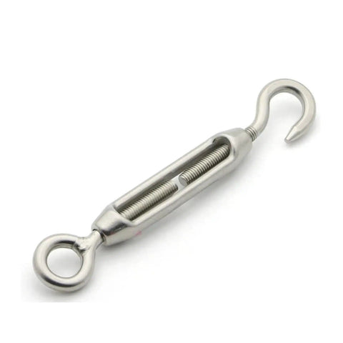 Premium 304 Stainless Steel Turnbuckle Wire Rope Tensioner With Eye Screw Hook Rigging Hardware Works Like A Charm For Clothesline Projects And Provides Rock Solid Adjustment In M4 M5 M6 M8 showing eye screw hook and central body.