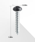 150 Pack 8 X 1 Inch Phillips Pan Head Screws Black Heavy Duty Fasteners For RV Camper Trailer Motorhome Exterior Interior Hardware So Dang Sturdy Keeps Everything Locked Tight No Matter The Terrain dimensions showing black pan head screw with 1.08 inch length.