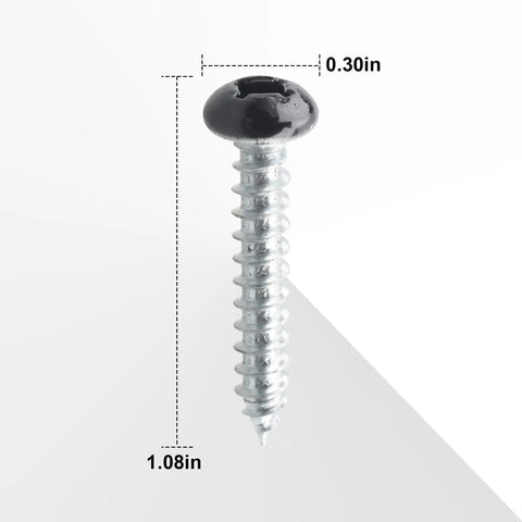150 Pack 8 X 1 Inch Phillips Pan Head Screws Black Heavy Duty Fasteners For RV Camper Trailer Motorhome Exterior Interior Hardware So Dang Sturdy Keeps Everything Locked Tight No Matter The Terrain dimensions showing black pan head screw with 1.08 inch length.