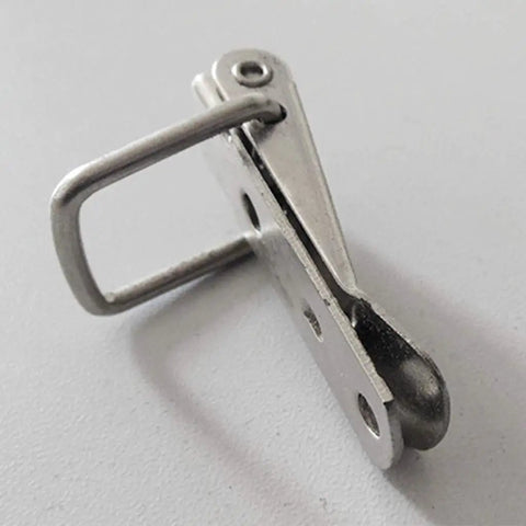 Close-up of a Straight Up Tough Spring Loaded Toggle Hasps from the 10 Pack Secure Latch Clasps, silver metal, suitable for toolboxes.