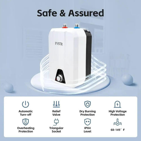 Compact Point Of Use Under Sink Water Heater For RVs And Trailers, 2.16 Gallon Electric Tankless Storage Heater with safety features