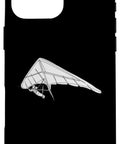 Black Hang Gliding Themed iPhone 16 Pro Max Case with silver hang glider illustration, double layer protection scratch resistant cover for men women funny air sport gift idea for hang gliders and flight fans.