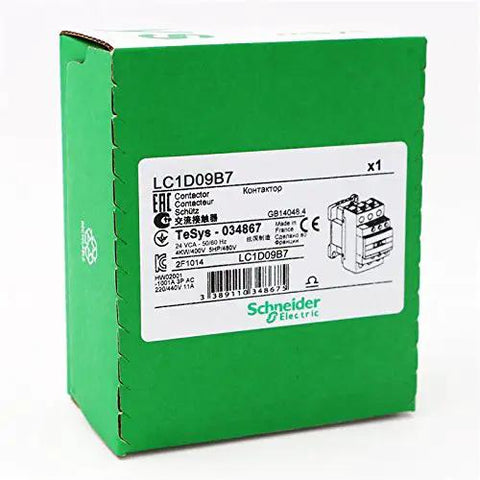 Packaging of TeSys D 3 Pole Contactor LC1D09B7 With 24V AC Coil, 440V AC, 9 Amp, labeled in green box