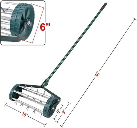 Rolling Lawn Aerator 18 Inch Rotary Push Tine Spike Soil Aerator For Garden Yard And Grass With 3 Piece Long Steel Handle