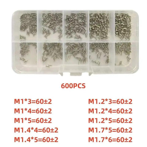 Hex Bolts And Miniature Self-Tapping Screws Set, 600/1200 piece kit in box, various sizes for precision machinery and electronics