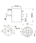 Technical drawing of Two Pack RC500 KN Mini 32mm Round Spindle Motor DC 6V 12V 5300 RPM High Torque Carbon Brush dimensions