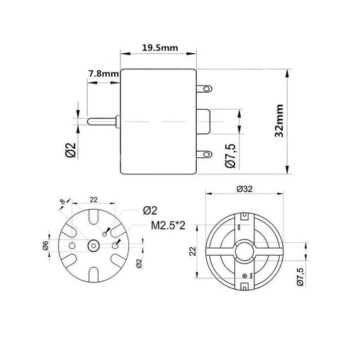 Technical drawing of Two Pack RC500 KN Mini 32mm Round Spindle Motor DC 6V 12V 5300 RPM High Torque Carbon Brush dimensions