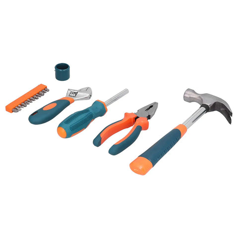 17Pcs Carbon Steel Hardware Tools Set With Hammer, Wrench, Pliers, Bits And Ratchet Handle shown in a line