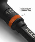 Impact Driver Socket Adapter Set With Three Inch Extensions Including One Quarter Inch Three Eighths Inch And One Half Inch Square Drive Adapters Knurled Grip High Visibility For Heavy Duty Quick Connect Access close-up of 1/2 inch adapter with knurled grip