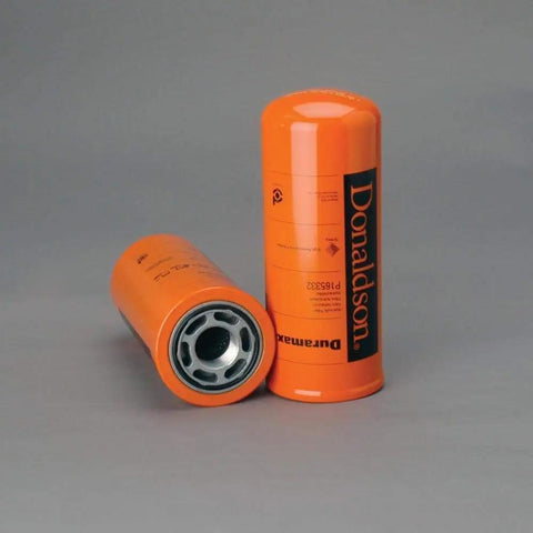 Duramax Hydraulic Filter P165332 Spin On Style 9.44 Inch Replacement With Synteq XP Media. Two orange filters on a gray background.