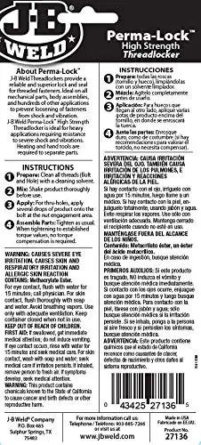 Back of package for Perma Lock High Strength Threadlocker Red 36 Ml For Heavy Duty Bolts And Fasteners, with instructions and warnings.