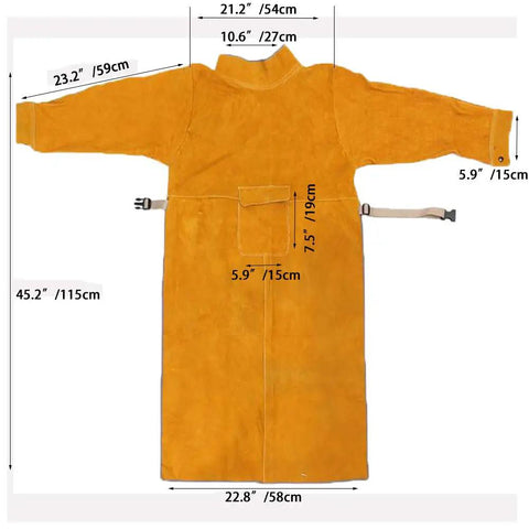 Back view of Leather Welding Apron With Sleeves And Heavy Duty Jacket For Men Flame Resistant Welder Gear 45 Inch, shown with dimensions