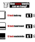 Graphic showing towel capacity for stainless steel towel bar, holding a 17 inch bath rug, 16 inch hand towel, 12 inch washcloth