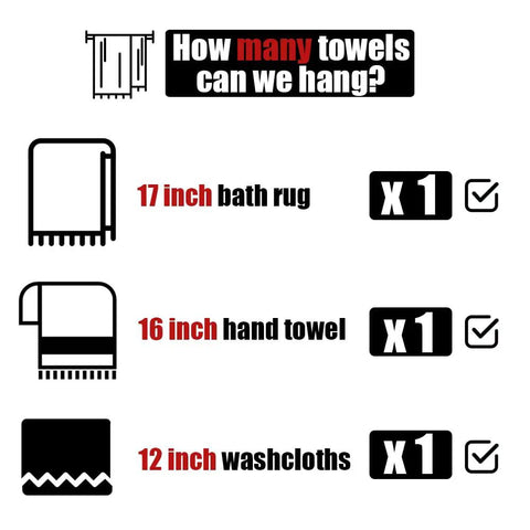 Graphic showing towel capacity for stainless steel towel bar, holding a 17 inch bath rug, 16 inch hand towel, 12 inch washcloth
