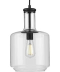 Latrobe Collection 1-Light Clear Glass Coastal Pendant Light In Matte Black With Bottle-Shaped Shade front view