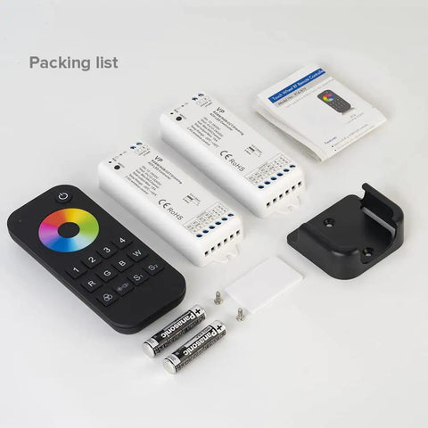 5050 SMD FCOB COB RGB RGBW LED Strip Kit with 4PIN 5PIN Flexible Strips RT9 Remote, Two VP Controllers, batteries, and manual