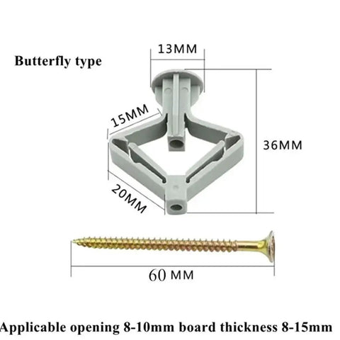 Heavy Duty Plastic Expansion Anchor Kit for Gypsum Board and Hollow Walls with Screw, Butterfly Type Dimensions