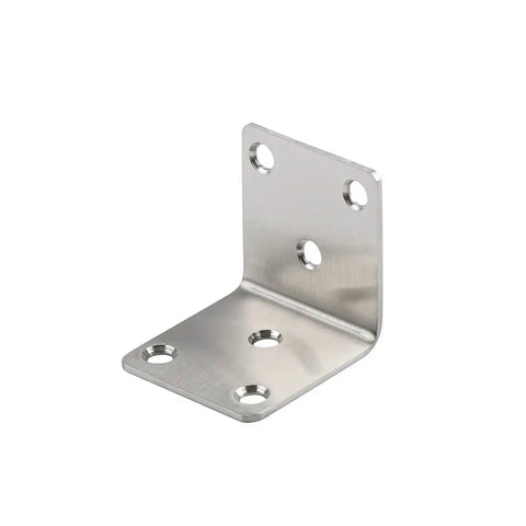 Rock Solid Eight Piece Stainless Steel L Shape Corner Brackets For Heavy Duty Shelving With Kickass Load Bearing Power That Keeps Every Workshop Setup Locked Down Tight angled view of a sturdy stainless steel L bracket.