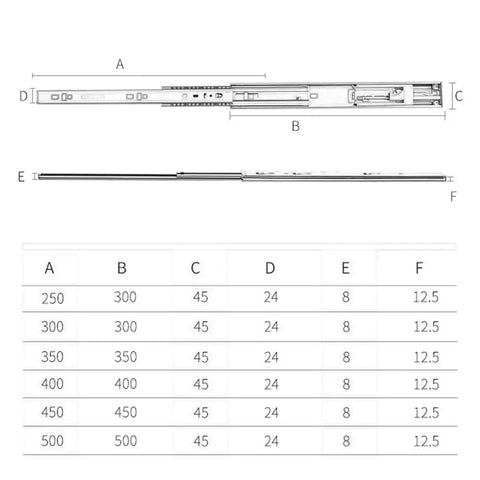 Soft Close Drawer Slides 3 Fold Full Extension Ball Bearing Rails 12 Inch Stainless Steel Cabinet Slides dimensions chart