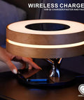 Maple Log Table Lamp With 10W Wireless Charging Two 5W Bluetooth Speakers Bass LED Light Shade Sleep Mode Smart Touch Control Stepless Dimming With Slide Dope All In One 3 In 1 Smart Lamp Red showcasing wireless charging feature.