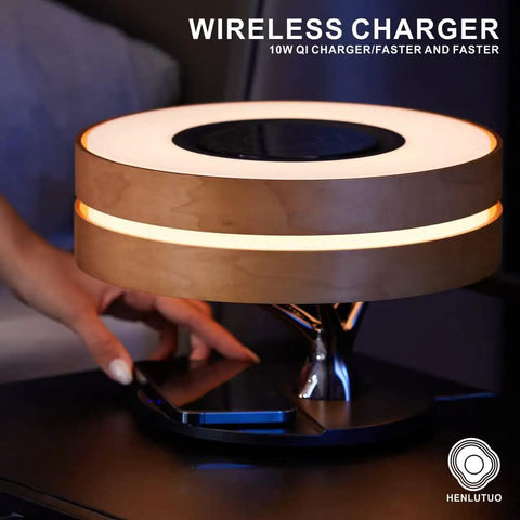 Maple Log Table Lamp With 10W Wireless Charging Two 5W Bluetooth Speakers Bass LED Light Shade Sleep Mode Smart Touch Control Stepless Dimming With Slide Dope All In One 3 In 1 Smart Lamp Red showcasing wireless charging feature.