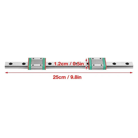 Get Your Hands On This MGN12 250mm Linear Guide Rail With Two Precision Slide Blocks Featuring Sweet 4-Point Load Support And slick Lube System For Smooth Moves, shown with dimensions.