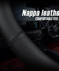 Top Shelf Nappa Leather Steering Wheel Cover For Cars Universal Fit, close-up on black leather, showing comfortable grip and stitching.