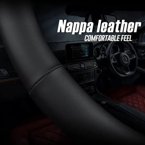 Top Shelf Nappa Leather Steering Wheel Cover For Cars Universal Fit, close-up on black leather, showing comfortable grip and stitching.