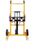 Straight Up Heavy Duty Manual Hydraulic Pallet Stacker With 440 Lb Load Capacity And 35.5 Inch Lift Height front view with hydraulic system and wheels.