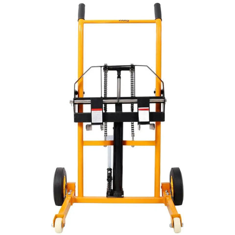 Straight Up Heavy Duty Manual Hydraulic Pallet Stacker With 440 Lb Load Capacity And 35.5 Inch Lift Height front view with hydraulic system and wheels.