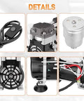 Oil-free lab vacuum pump components collage (6 parts): switch, cooling head, metal canister, motor with fan, wiring, base feet