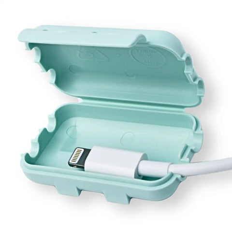 Kid Friendly USB Charger Cover, Dusty Aqua 3 Pack, Cord Tip Enclosure For Standard USB Cables open with cable inside