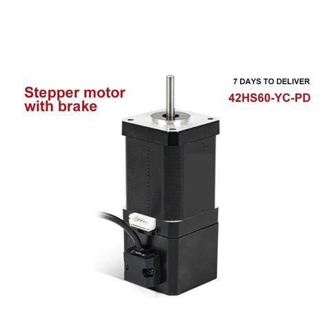 Side view of 42HS60-YC-PD NEMA17 brake stepper motor with silver top and protruding shaft.
