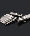 Heavy Duty Leather And Canvas Hole Punch Set, 12 Piece Hollow Punch Tool Kit With Sizes From 1mm To 10mm, Ergonomic Grip displayed on dark background