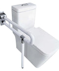 White toilet with foldable toilet grab bar, flip up design, non slip stainless steel bathroom safety rails, night glow nylon grip.