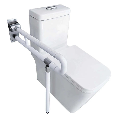 White toilet with foldable toilet grab bar, flip up design, non slip stainless steel bathroom safety rails, night glow nylon grip.