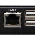 Back view of Top Shelf 4K DisplayPort KVM Switch Over IP with various connectivity ports and local access features.