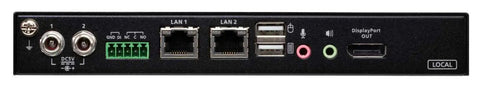 Back view of Top Shelf 4K DisplayPort KVM Switch Over IP with various connectivity ports and local access features.