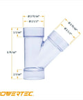 No Sweat Pvc Dust Collection Y Fitting 2 1/2 Inch Id Connects 2 1/2 Inch Od Pipe Fast With Built In Coupler Splice Smooth 3 Way Hose Adapter Rock Solid 2 Pack dimensions labeled on clear PVC Y fitting.